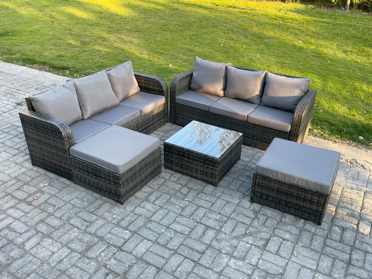 GARTENTISCHGRUPPE Polyrattan Dunkelgrau 5-teilige - Dunkelgrau/Grau, Glas/Kunststoff - Fimous