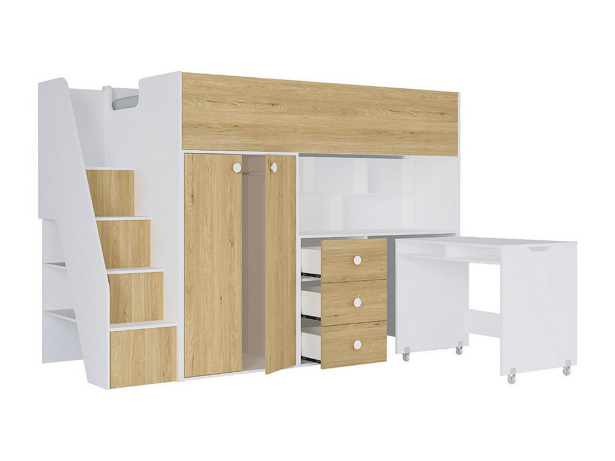 HOCHBETT mit Kleiderschrank & Schreibtisch + Matratze - 90 x 190 cm - Weiß & Holzfarben - LANILATO - Naturfarben, Holz (97.5/235.1cm) - Vente-Unique