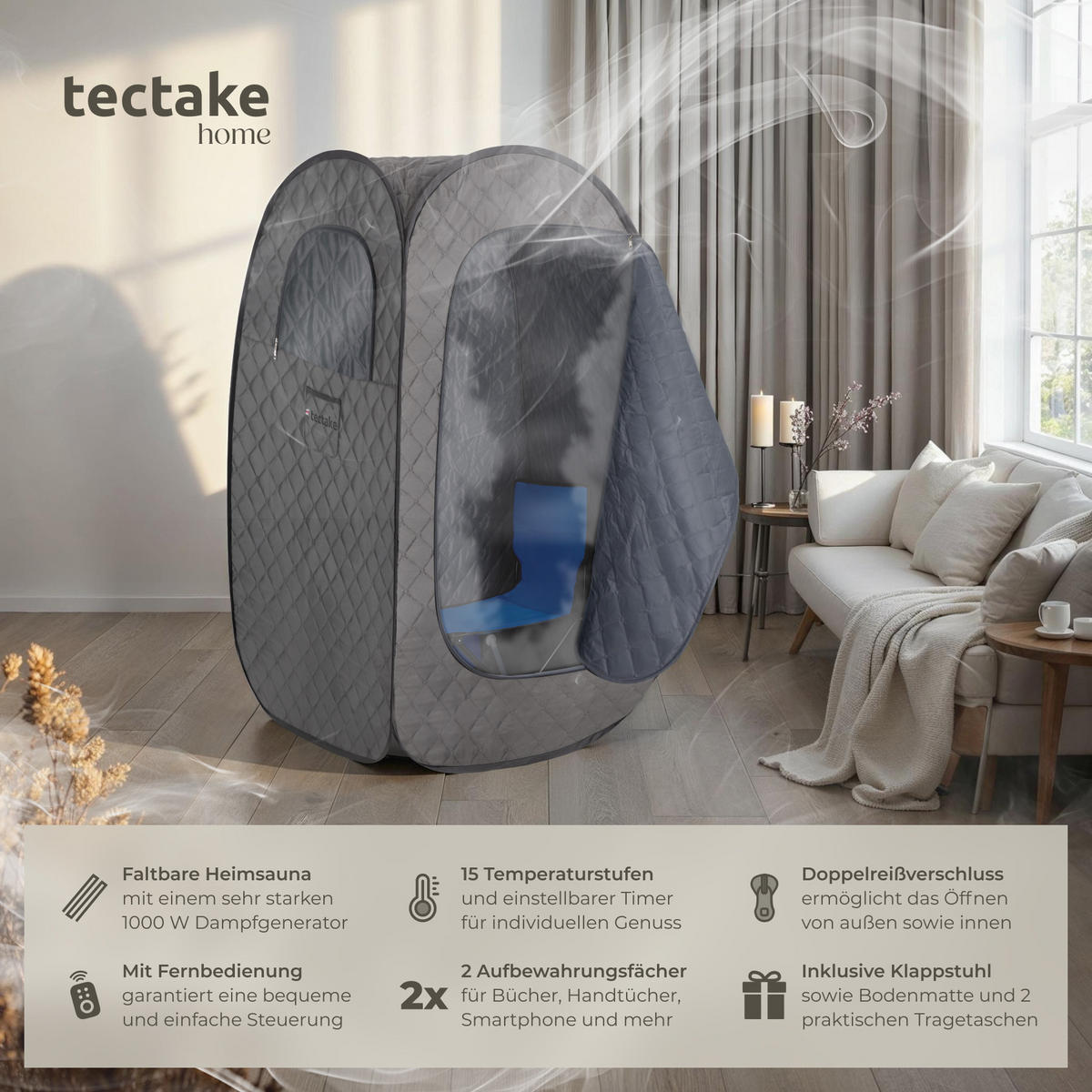 MOBILE DAMPFSAUNA Thermaluxe I,inkl. Fernbedienung, Matte, Klappstuhl und Tragetaschen,dunkelgrau/schwarz - Dunkelgrau/Schwarz, Kunststoff (84/145/84cm) - tectake