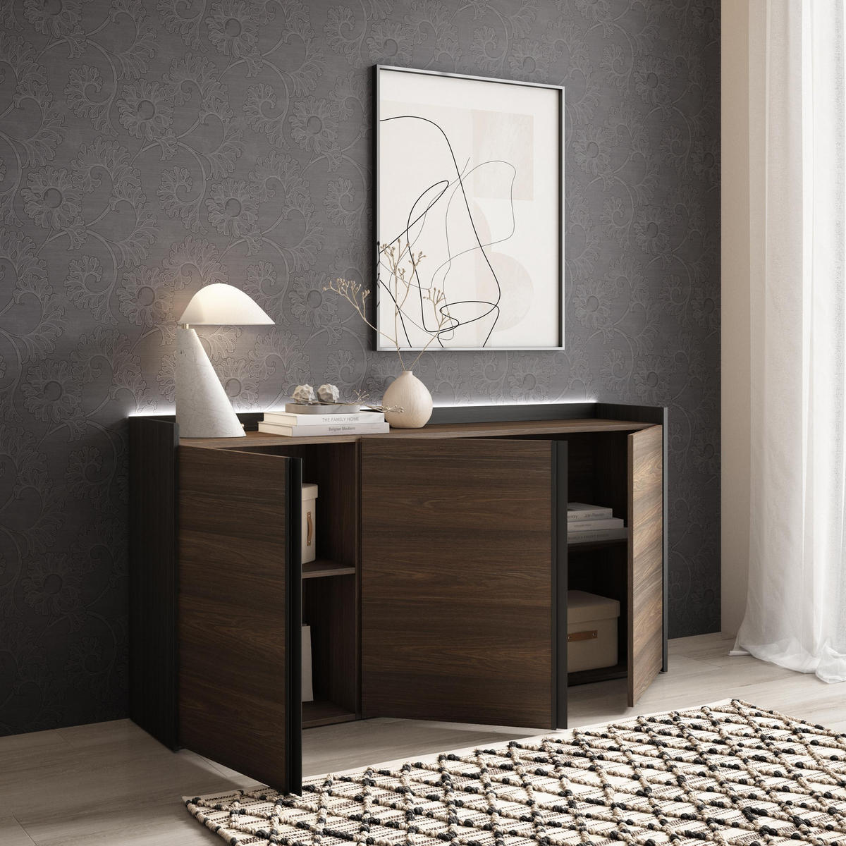 SIDEBOARD, Dunkler Eiche und Schwarz, 156/35/80cm, mit Led - Dunkelbraun, Holzwerkstoff (156/80/35cm) - Skraut Home
