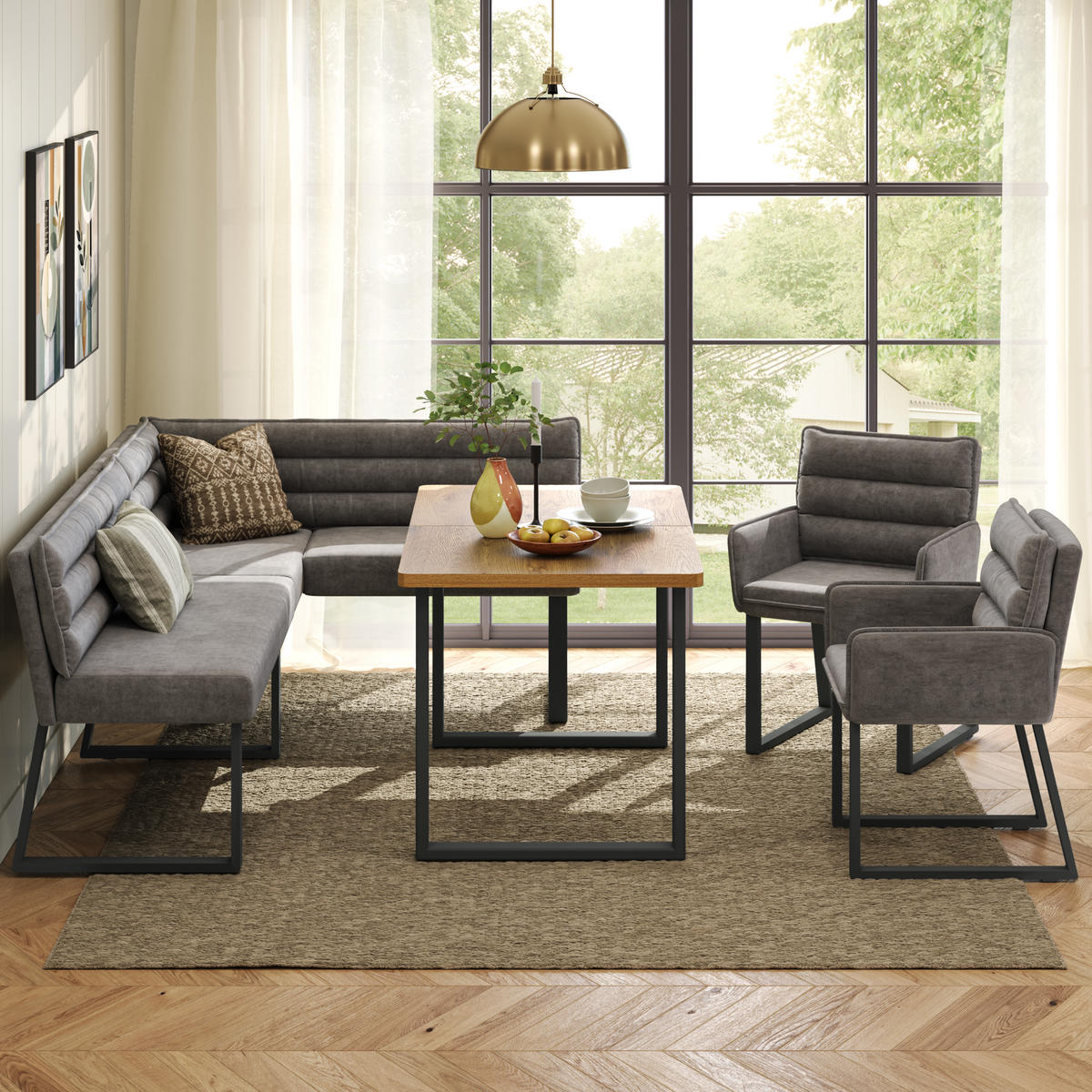 ECKBANKGRUPPE Grau Holz Chenille Tisch 2 Stühle Eckbank - Grau, Holzwerkstoff - FLIEKS