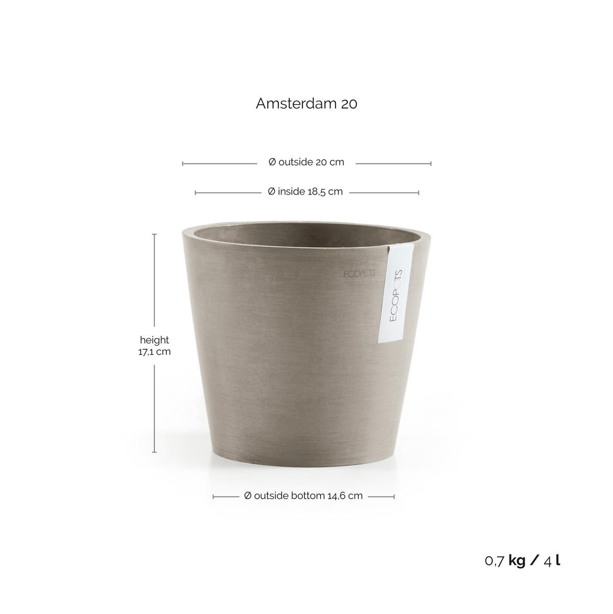 BLUMENTOPF Amsterdam 20/17,1 cm Taupe - Taupe, Kunststoff (20/17.1cm) - Ecopots