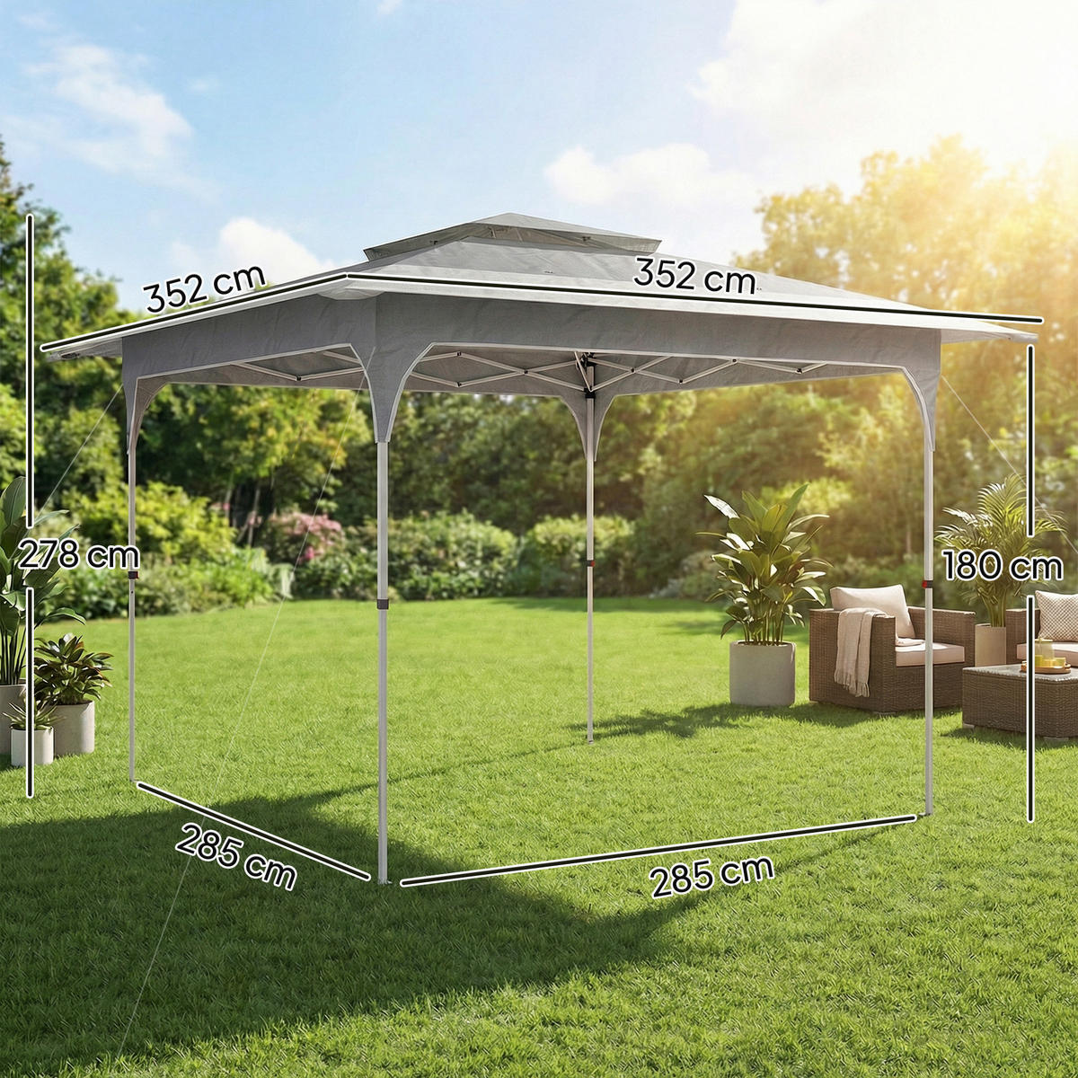FALTPAVILLON, 3,5x3,5m, Doppeldach, Metall/Oxford-Gewebe, Tragetasche, Dunkelgrau - Multicolor, Metall (352/278/352cm) - FORIOUS