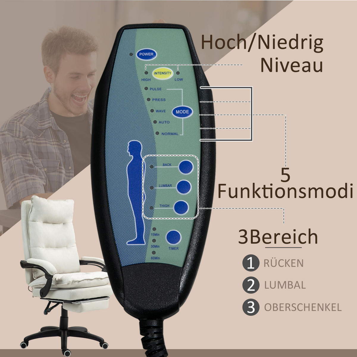 BÜROSTUHL mit 6 Punkt Massage, ergonomischer Gaming Sessel mit Liegefunktion - Creme, Kunststoff (62/130/70cm) - Vinsetto