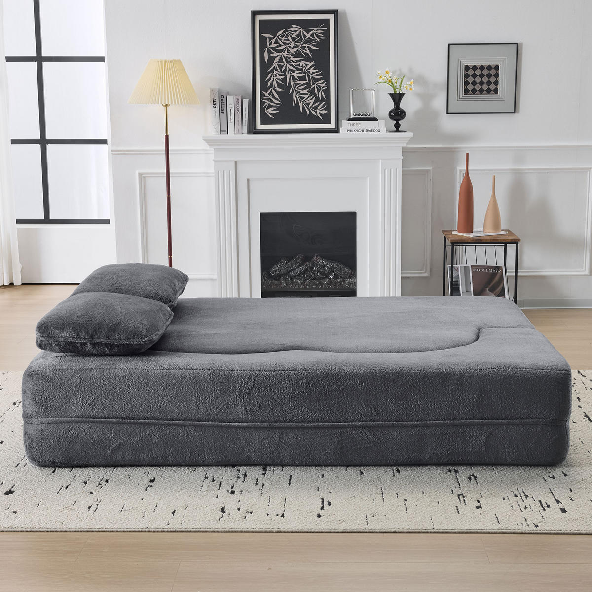 SCHLAFSOFA mit 4 Kissen und Klappfunktion aus Plüschstoff - Blaugrau, Textil (198/76/60cm) - EVRYAE