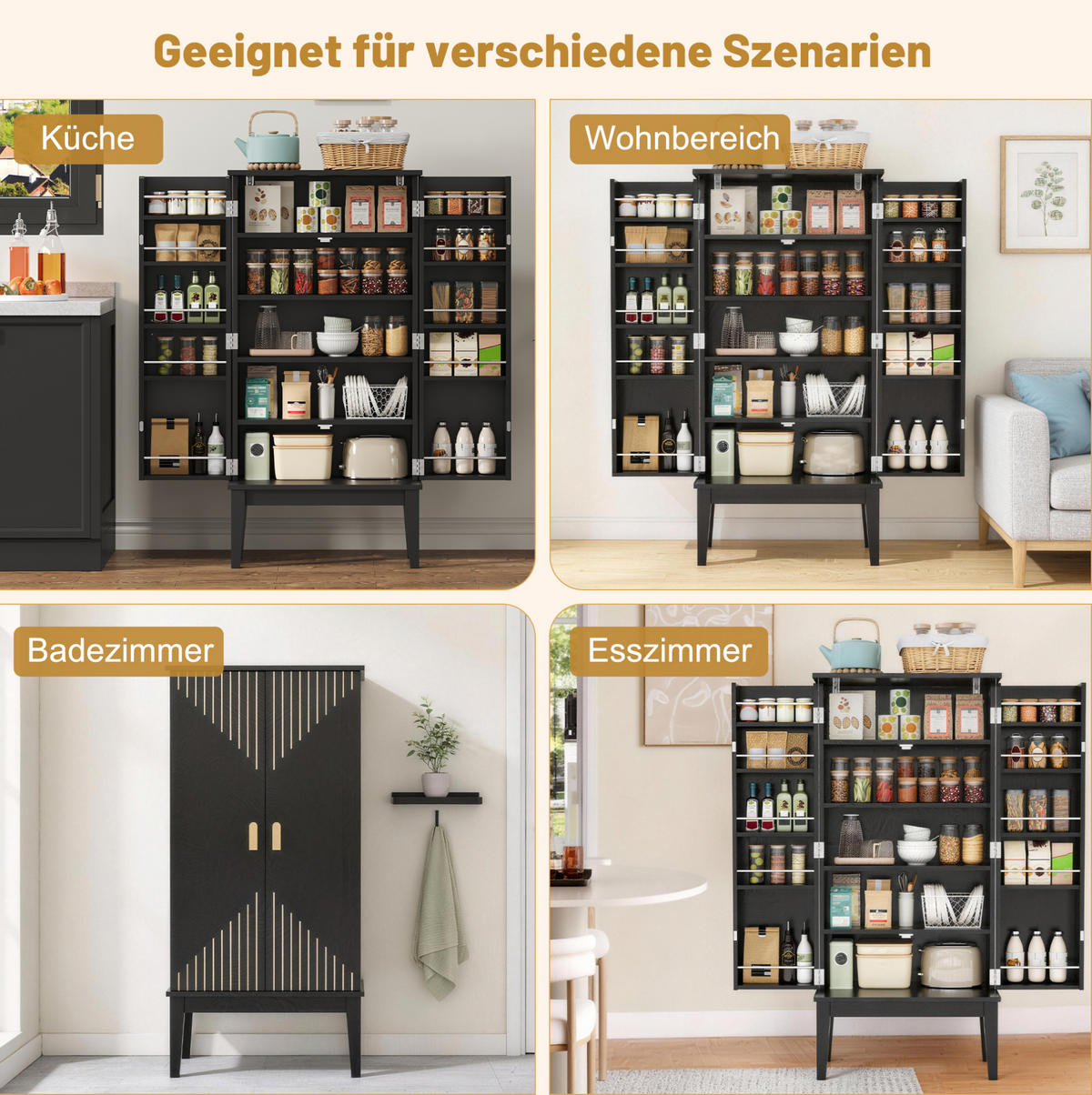 BUFFET 120/59/30 cm aus MDF mit 5 Fächern und Türablagen Schwarz - Schwarz, Holzwerkstoff (59/120/30cm) - Modenvie