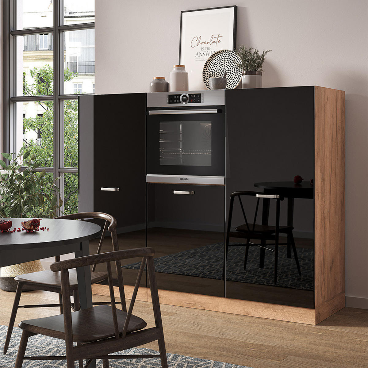 EINBAUKÜCHE R-Line Schwarz Hochglanz/Goldkraft Eiche 180 cm ohne AP - Honigeiche/Schwarz Hochglanz, Holzwerkstoff (180/81.6/46cm) - Vicco