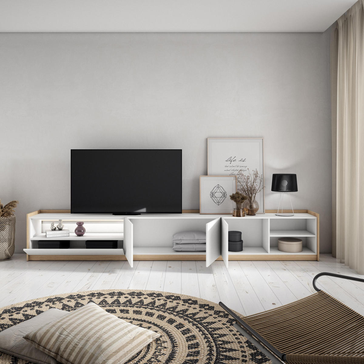 LOWBOARD, Weiß und Eiche, 310/37/50cm, mit Led - Weiß, Holzwerkstoff (310/50/37cm) - Skraut Home