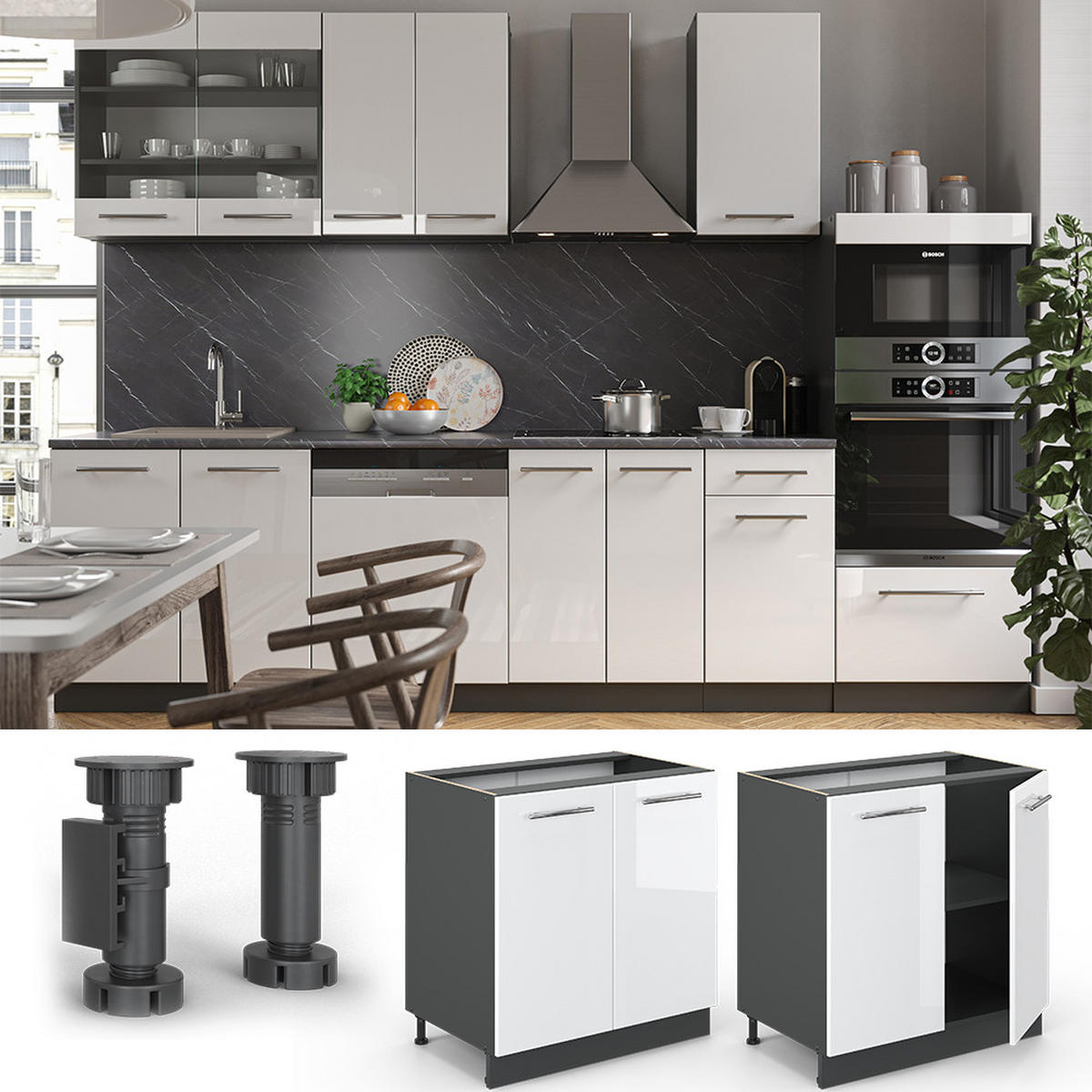 SPÜLENUNTERSCHRANK Fame-Line Weiß Hochglanz 80 cm mit Regal, AP Eiche - Weiß Hochglanz/Anthrazit, Holzwerkstoff (80/82/60cm) - Vicco