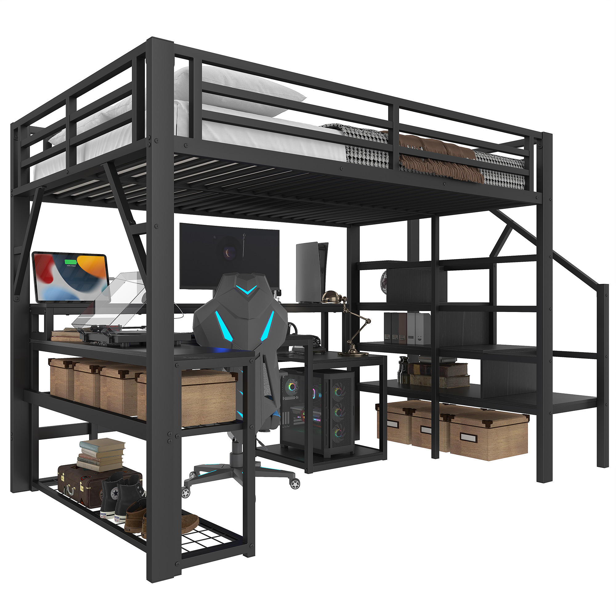 STILVORA HOCHBETT 140/200 cm in Schwarz mit Schreibtisch, Regal, Stauraum, LED und USB im Metall-MDF-Design