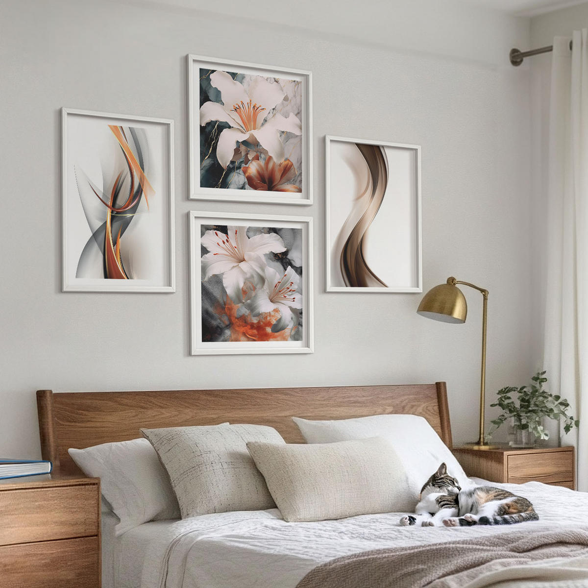 BILDER SET 4er Set - 50x50 cm & 40x60 cm Weißer Rahmen - Gelbgrau-braune Wellen - Weiß, Kunststoff (50/50cm) - TULUP