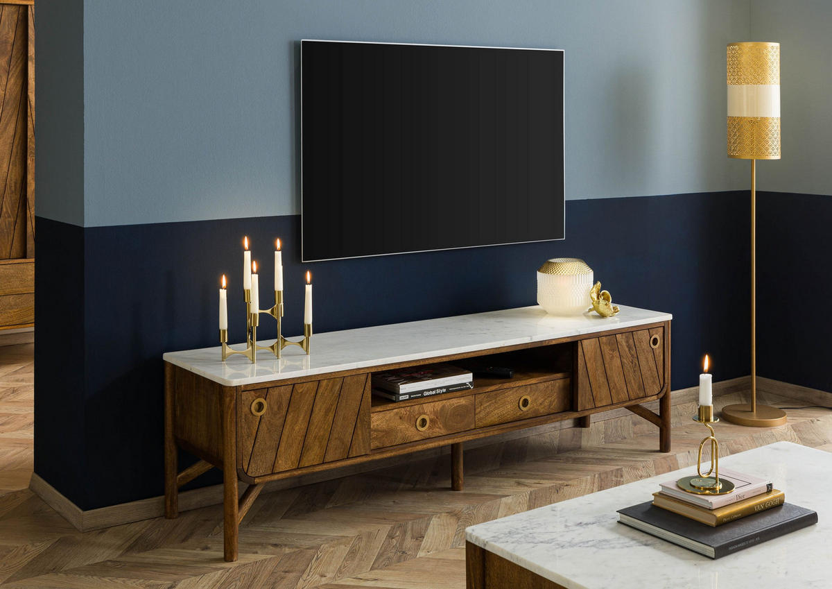 TV-BOARD Mango 180x45x50 braun geölt / echter Marmor LOS ANGELES #03 - Braun, Holz (180/50/45cm) - Massivmoebel24