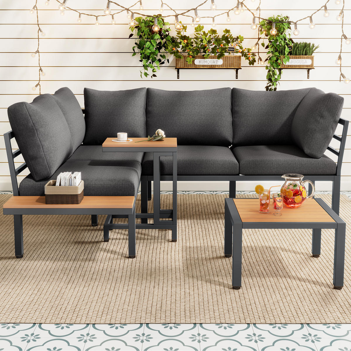 GARTENMÖBEL Set mit Sofa Beistelltisch Couchtisch als Fußhocker nutzbar aus Stahlrohr Kunststoffholz für Balkon Grau - Grau, Metall - FLIEKS