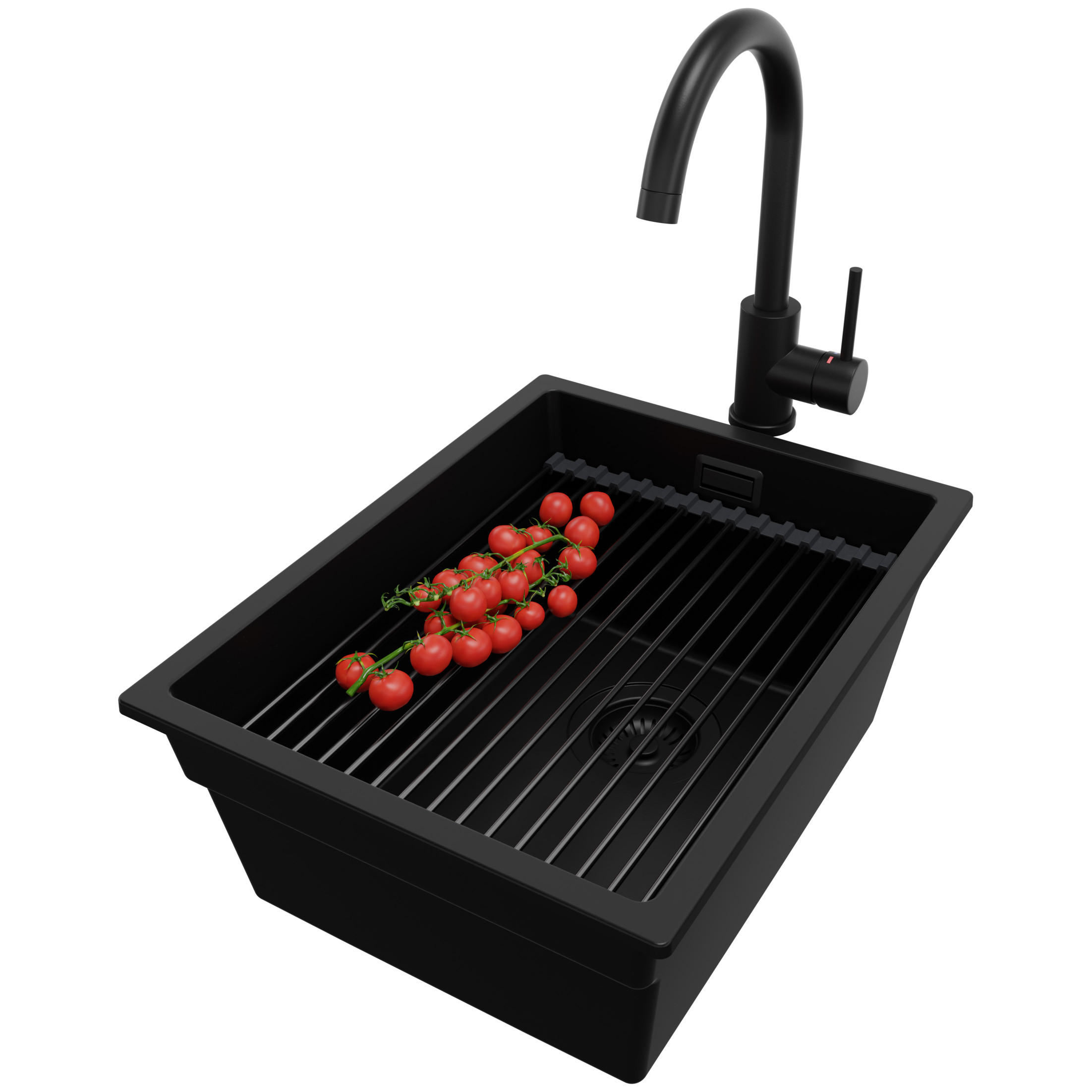 GRANITSPÜLE Praga Slim, 2-er set Schwarz 36/47 cm 1 Becken + Küchenarmatur 32/20 cm + Ablauf-Set + Aufrollbare Abtropffläche ab 40er Unterschrank - Schwarz, Kunststoff (36/20/47cm) - Primagran