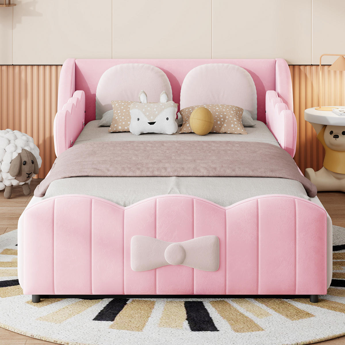 KINDER-POLSTERBETT aus Samt 90x200 cm Rosa mit hydraulischem Stauraum und 2 Zierkissen - Pink, Textil (90/200cm) - Modfu