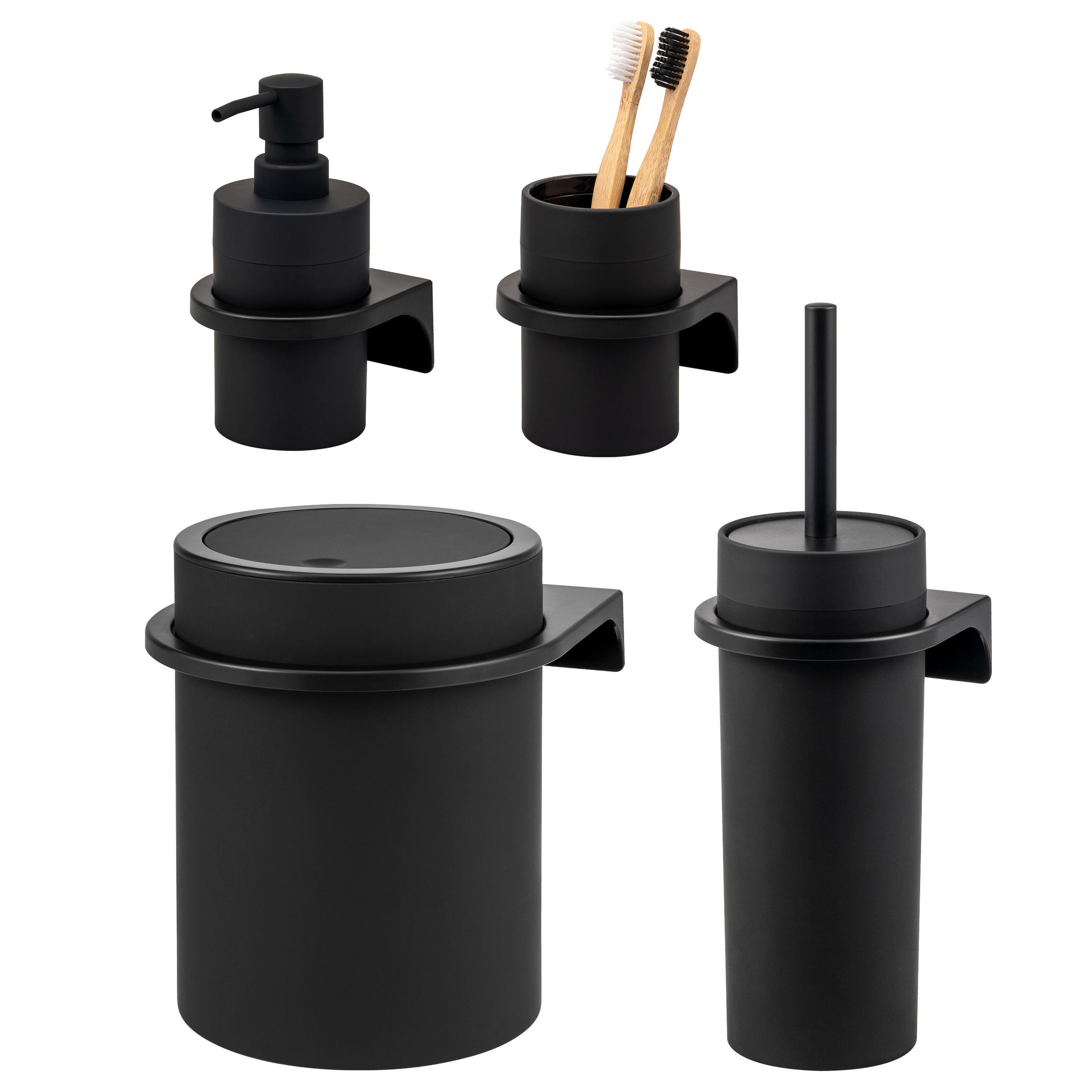 BAD-ACCESSOIRES-SET (4er-Set) SAVONA, Soft-Touch, schwarz - Schwarz, Kunststoff (19/24.5/19cm) - bremermann