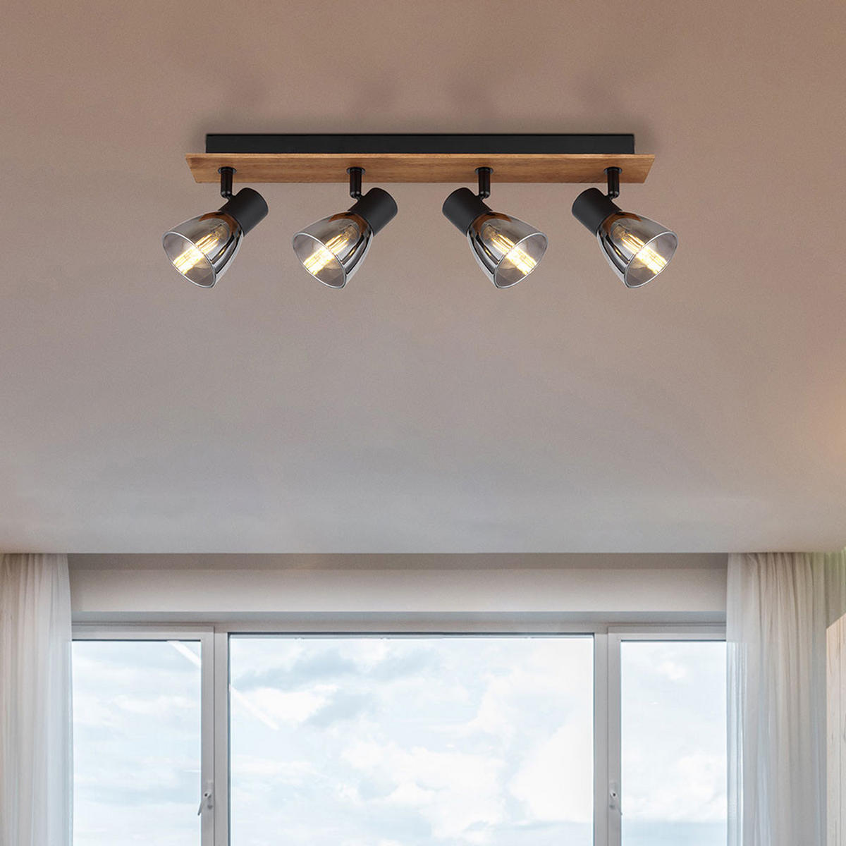 LED DECKENLEUCHTE Holz Schwarz Rauchglas - Schwarz, Holz (50/7/15.5cm) - Globo Lighting