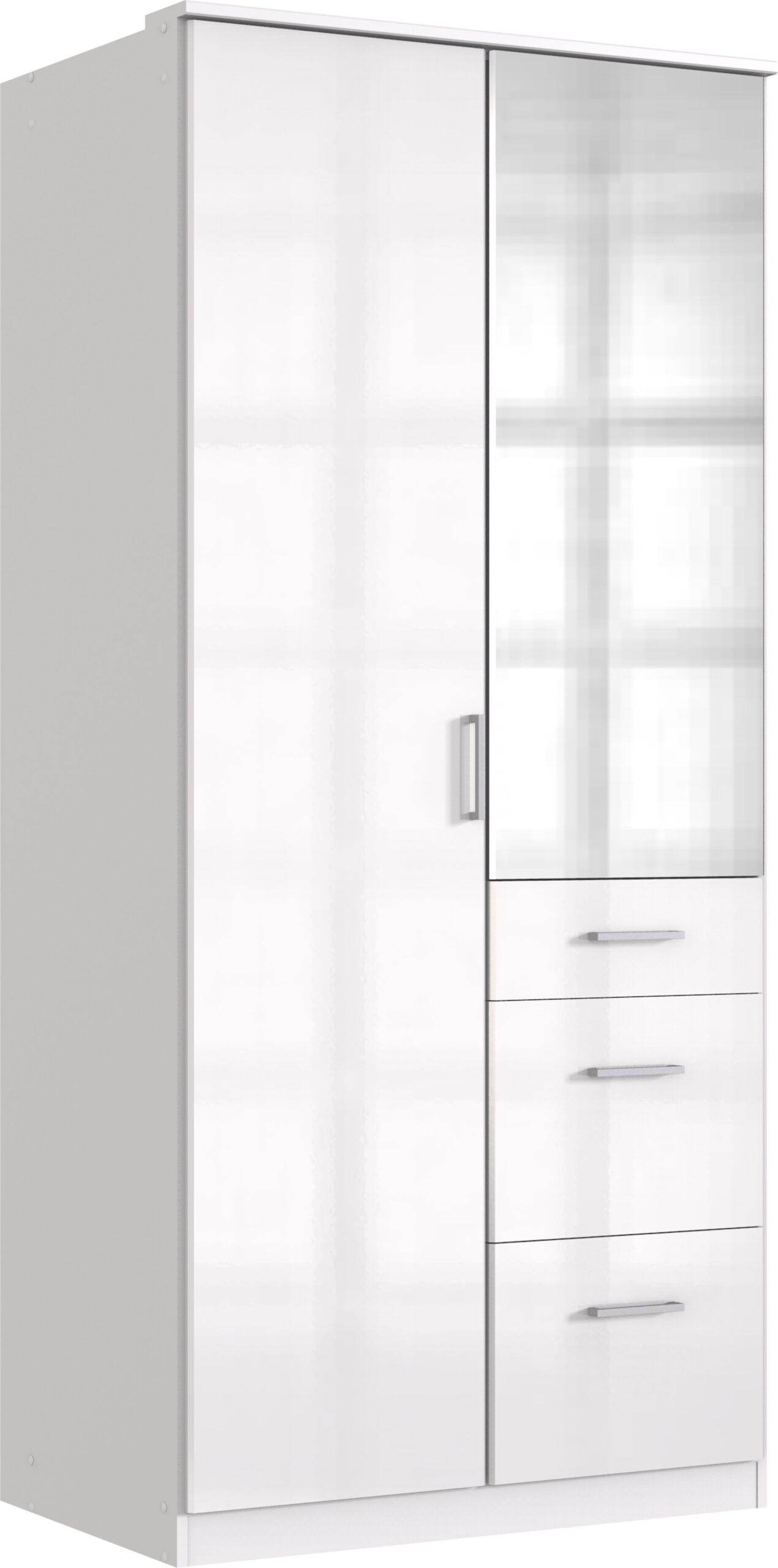 KLEIDERSCHRANK Clack in Weiß mit Fronten in Hochglanz Weiß Lack - Drehtürenschrank 91 cm – mit Spiegel und Schubkästen - Weiß, Holzwerkstoff (91/199/58cm)