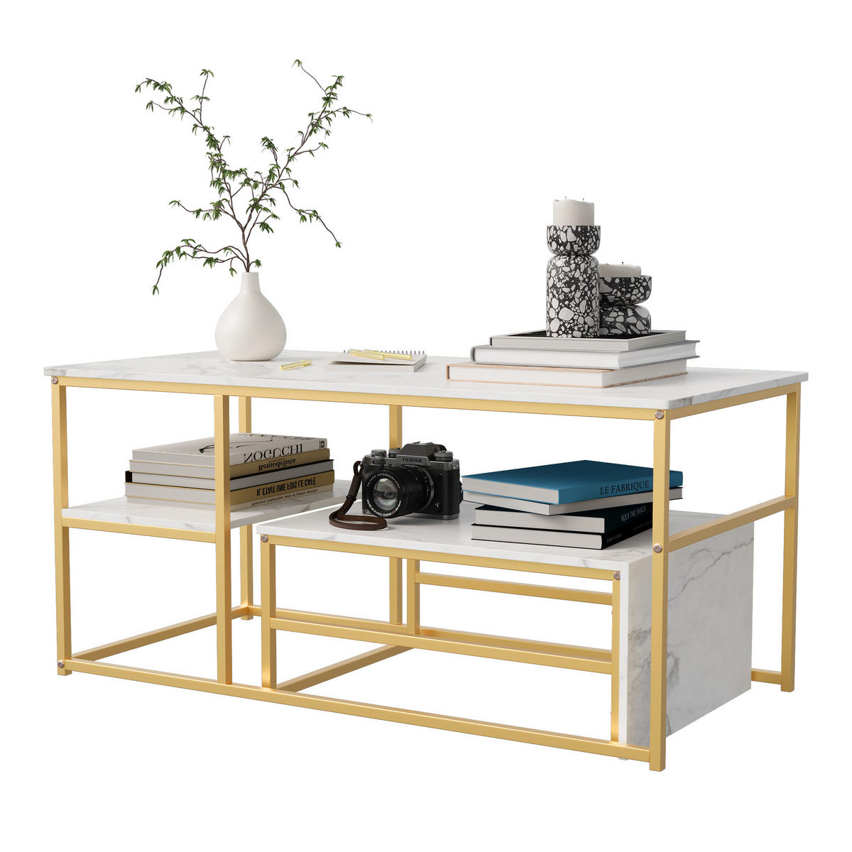 2ER SET COUCHTISCH Marmor Weiß/Goldfarben - Goldfarben, Metall (105/52/48.5cm)