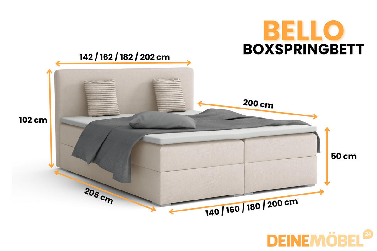 BOXBETT BELLO 180x200 in Velour Creme H3 - Creme, Holz/Holzwerkstoff (180/200cm) - Deine Möbel 24