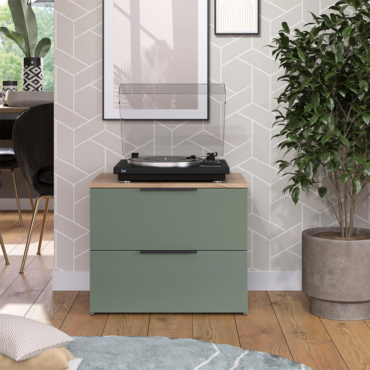KOMMODE Wido Grün 60 x 50 cm mit 2 Schubladen - Grün/Sonoma Eiche, Holzwerkstoff (60/50/40cm) - Vicco