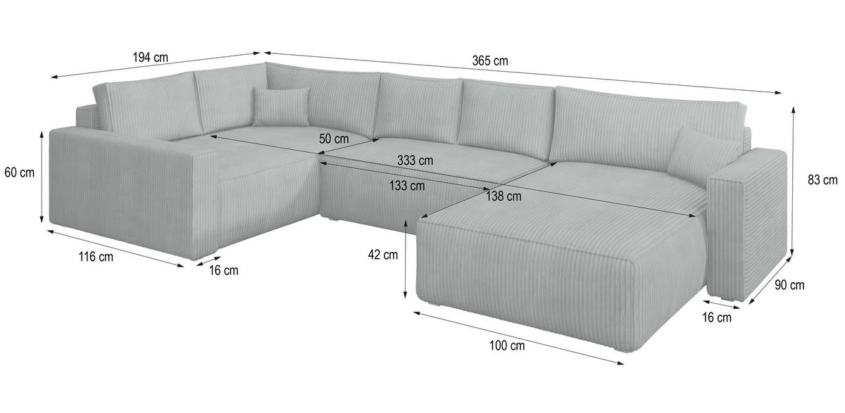 WOHNLANDSCHAFT VELAMI R-S Gelb Kordstoff mit Schlaffunktion - Gelb, Holz (365/83/194cm) - MASSENO