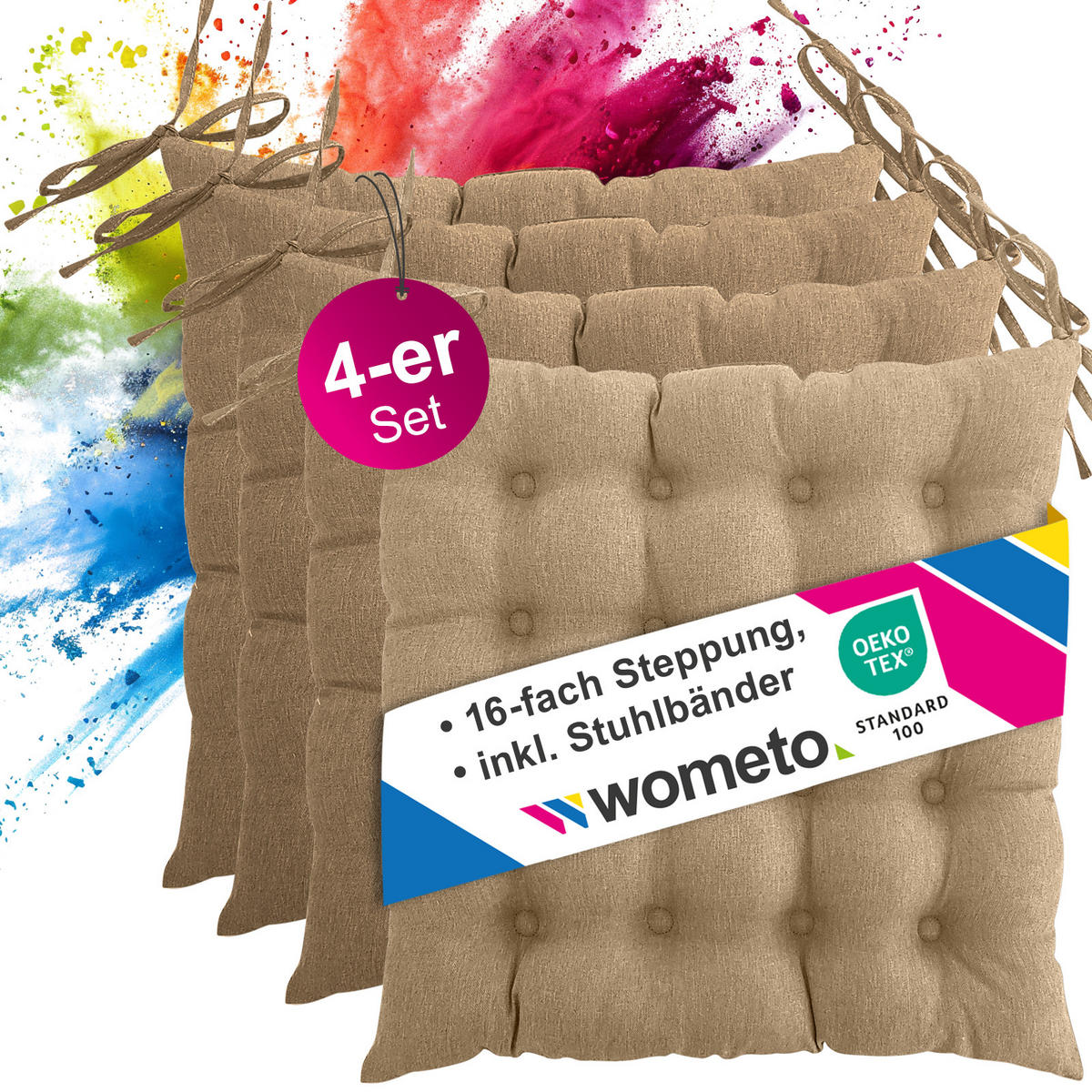 SITZKISSEN 4er Set 16-Punkt beige 40/40 cm mit Steppung und Halte-Bändern - Beige, Textil (40/40/4cm) - wometo