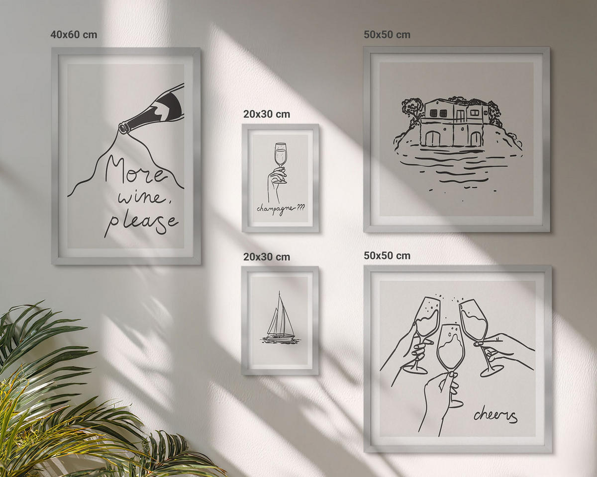 WANDBILDER 5er Set - 50x50 cm & 20x30 cm & 40x60 cm Silberner Rahmen - Minimalistische Boho-Muster - Silberfarben, Kunststoff (40/60cm) - ArtPrintCave