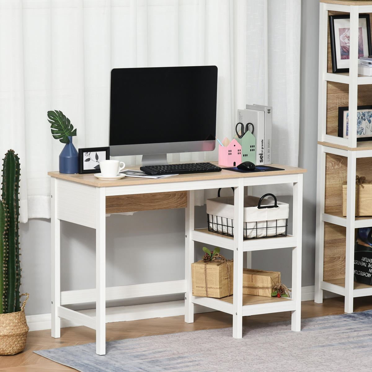 SCHREIBTISCH Eiche-Optik und Weiß mit 2 Regalfächern 110/48/76 cm - Beige, Holz (48/110/76cm) - PANGIVO
