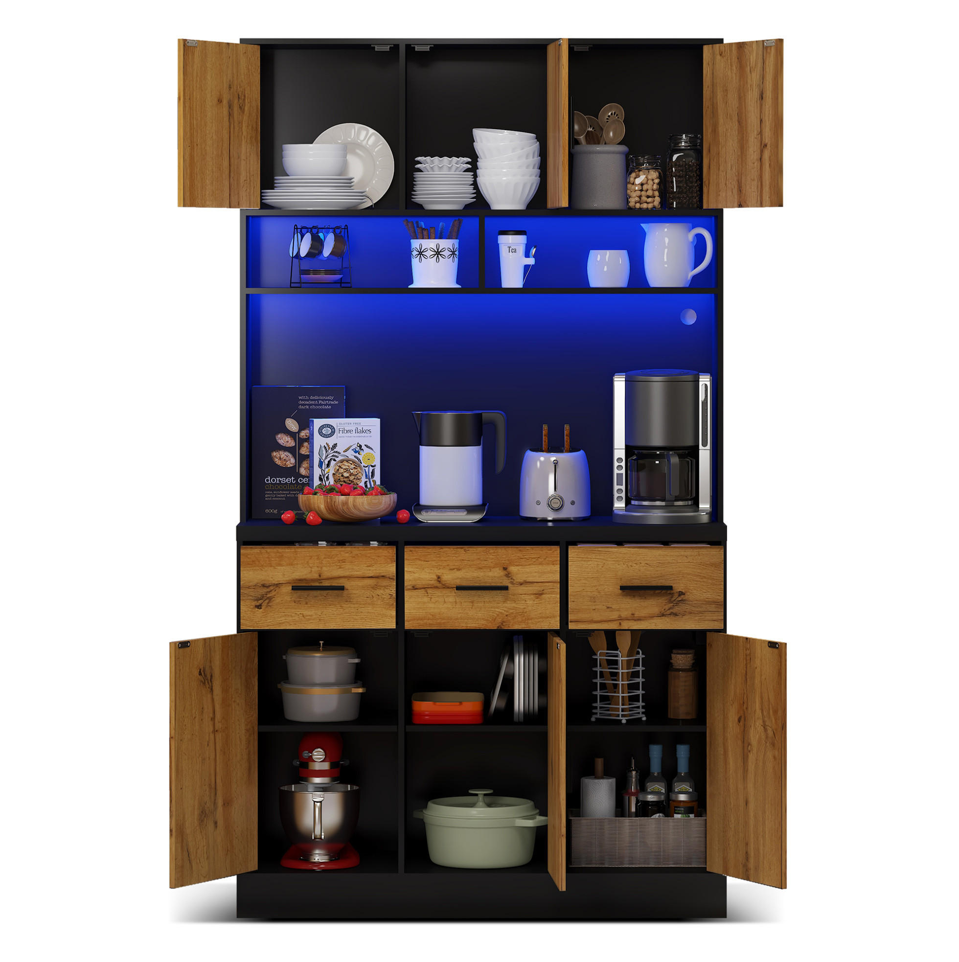BUFFET 100/40/180 cm aus MDF mit LED-Beleuchtung und Steckdosenleiste Schwarz/Natur - Schwarz, Holzwerkstoff (100/180/40cm) - Modenvie