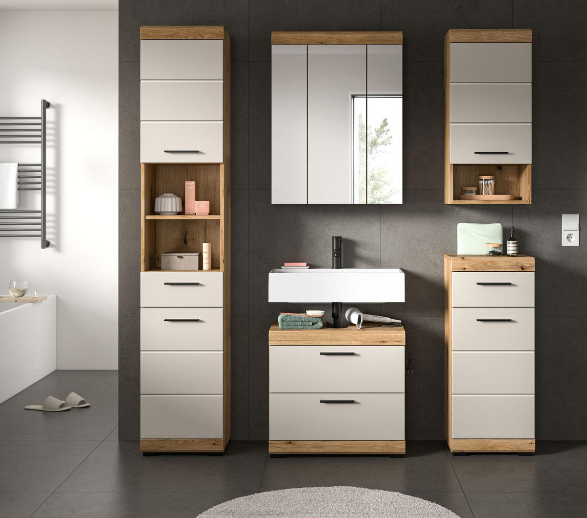 BADMÖBEL-SET Sand Kaschmir, Evoke Eiche, Badkombination 5-teilig 164 cm - Kaschmir/Eichefarben, Glas/Holzwerkstoff (164/191/34cm) - Inn.Furn