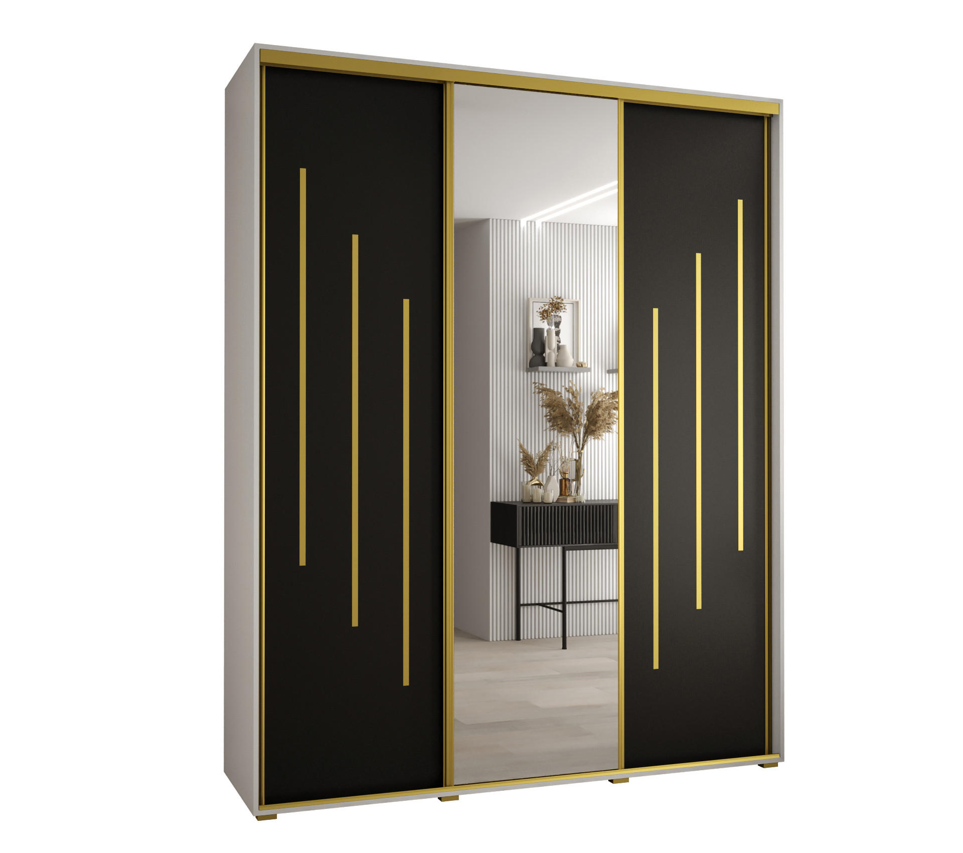 Abiks Möbel Schwebetürenschrank Weiß, Schwarz, Gold 200x235x60 cm