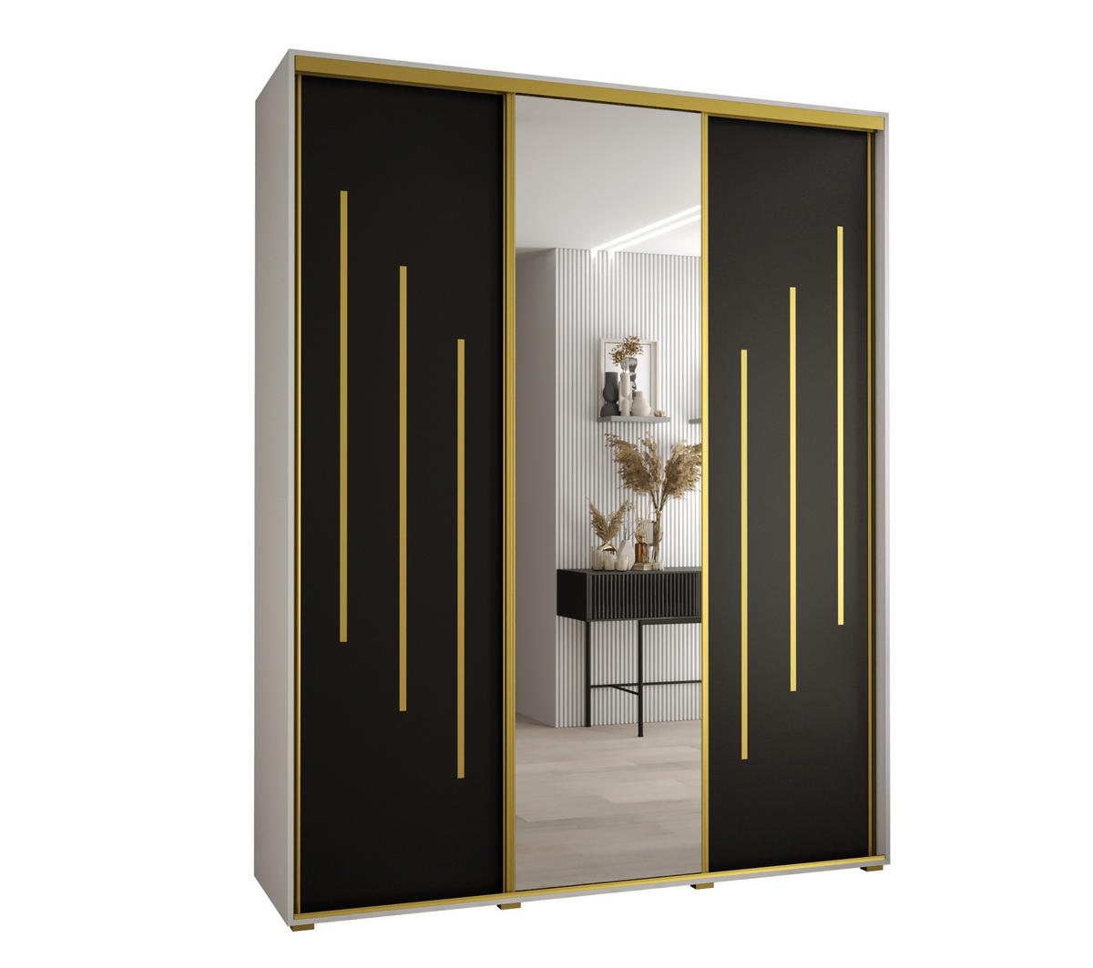 SCHWEBETÜRENSCHRANK 235,2/190/60 3-türig - Goldfarben/Schwarz, Holz/Metall (190/235/60cm) - Abiks Möbel