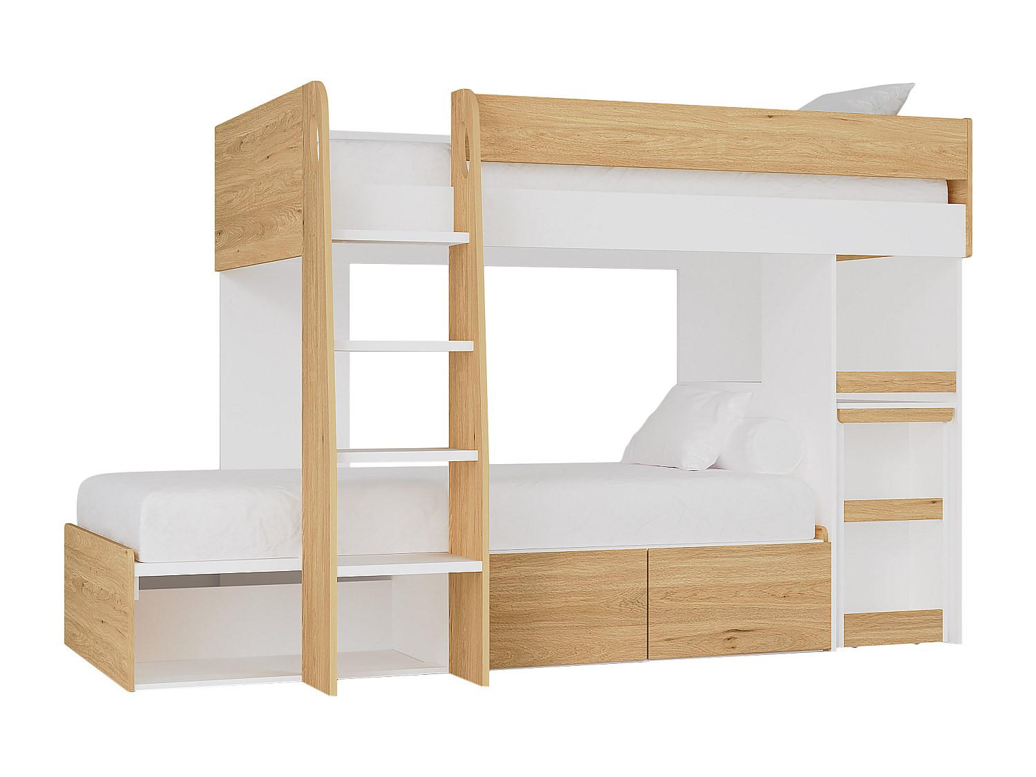 ETAGENBETT mit Schreibtisch & Stauraum - 2 x 90 x 190 cm - Holzfarben & Weiß - LOMIDEN - Naturfarben, Holz (184.3/196.3cm) - Vente-Unique