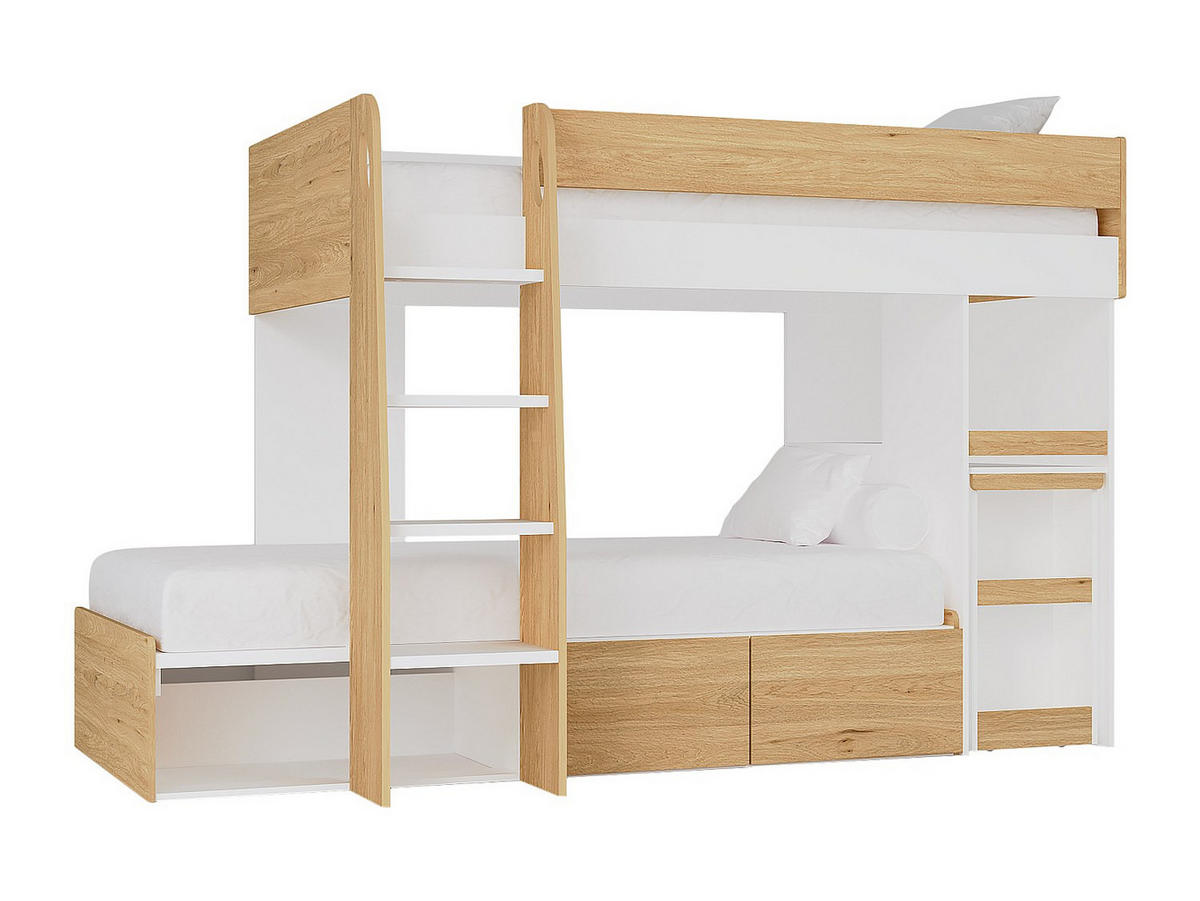 ETAGENBETT mit Schreibtisch & Stauraum - 2 x 90 x 190 cm - Holzfarben & Weiß - LOMIDEN - Naturfarben, Holz (184.3/196.3cm) - Vente-Unique