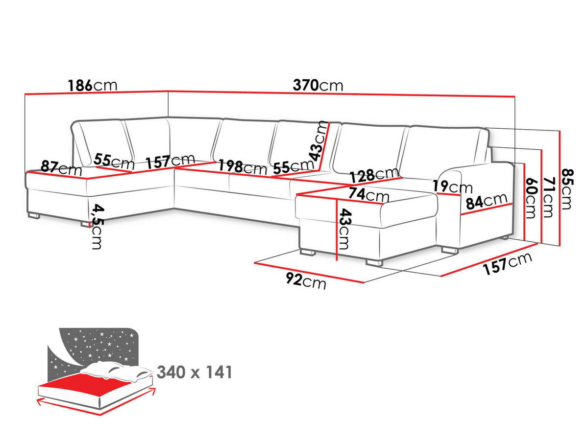 WOHNLANDSCHAFT Wilma Large Premium, Seite: Rechts - Hellrosa/Schwarz, Holz/Textil (370/85/186cm) - MIRJAN24