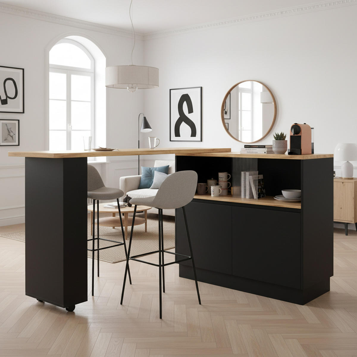 STEHTISCH mit Stauraum und Schiebetüren – Multifunktionaler Bartisch 120 cm - Schwarz, Holzwerkstoff/Metall (45/90/100cm) - Urban Meuble