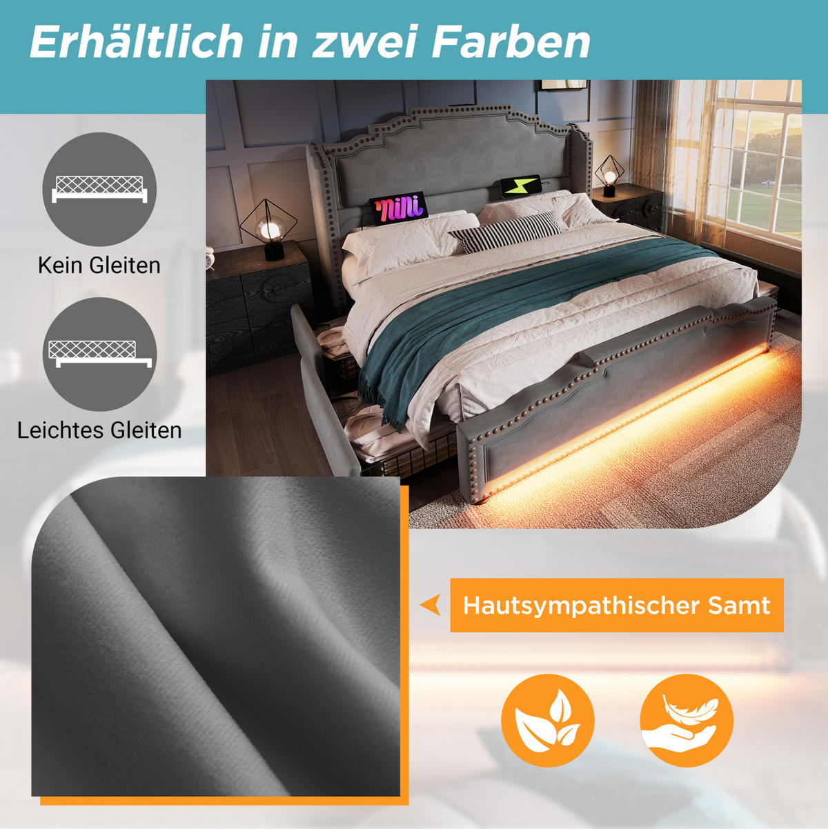 ČALOUNĚNÁ postel 180/200 cm šedá z veluru s LED osvětlením, USB-C a úložnými zásuvkami - šedá, textil (180/200cm) - OKWISH