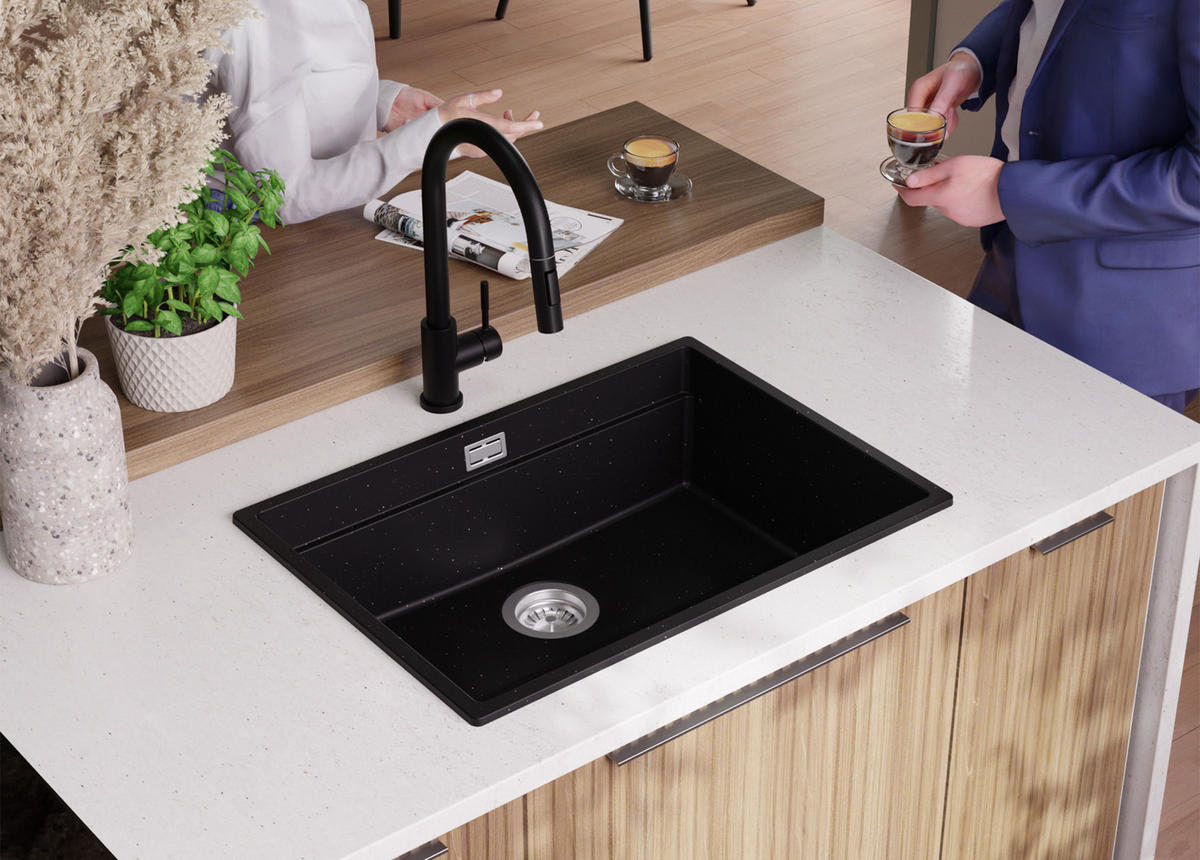 SPÜLBECKEN Praga Slim, 2-er set Schwarz Metallic 66/47 cm 1 Becken + Ablauf-Set + Aufrollbare Abtropffläche ab 70er Unterschrank - Chromfarben/Schwarz Hochglanz, Kunststoff (66/20/47cm) - Primagran