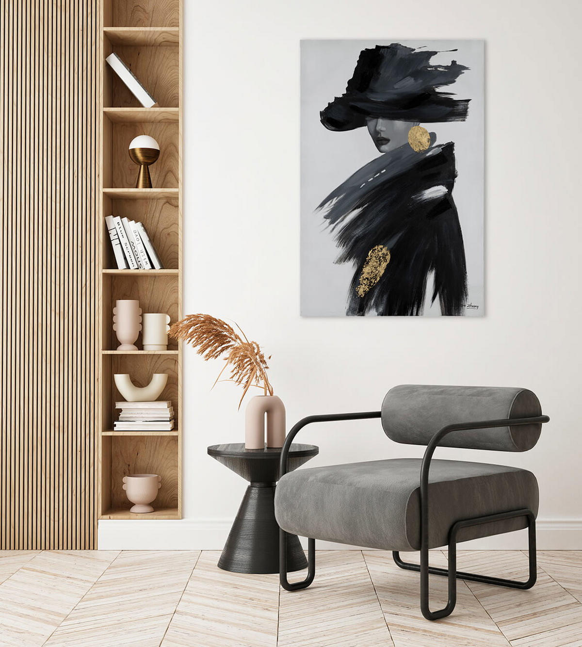 RUČNE MAĽOVANÝ AKRYLOVÝ OBRAZ 60/90 cm, čierny, abstraktný geometrický motív - čierna, drevo/textil (60/90cm) - KUNSTLOFT