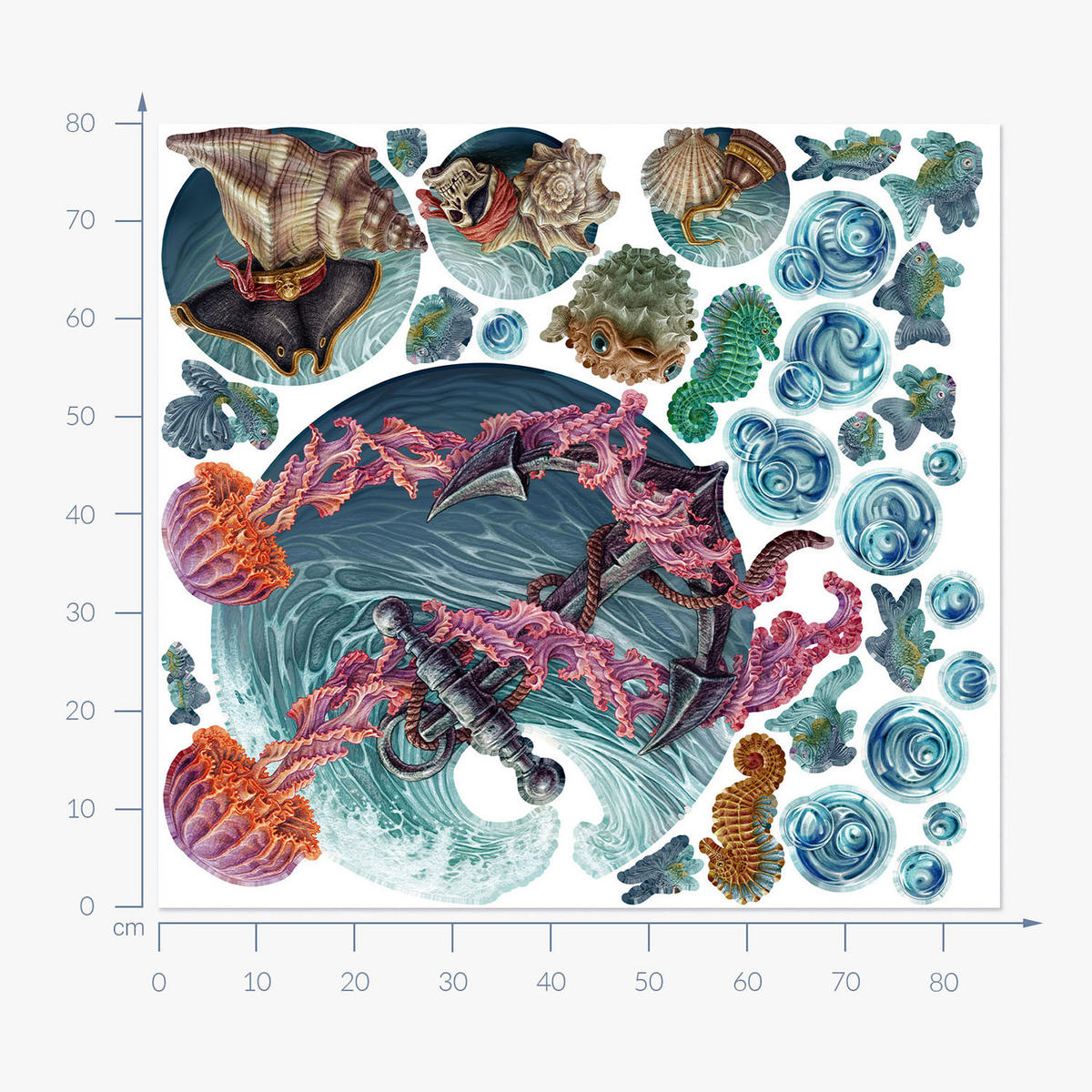 WANDAUFKLEBER 80x86cm - Die Unterwasserwelt der Quallen - Multicolor, Kunststoff (80/86/0.1cm) - Wallfluent