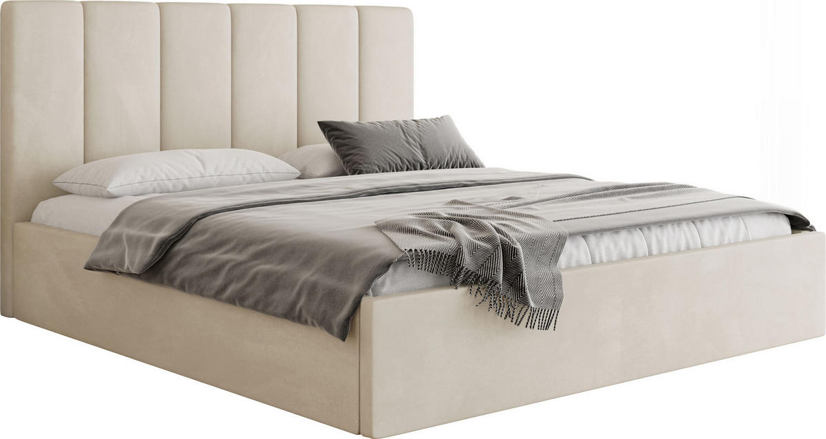 POLSTERBETT Amira Slim mit Bettkasten, Creme Samt 180x200 cm - Beige/Birkefarben, Holz/Holzwerkstoff (180/200cm) - WFL GROUP