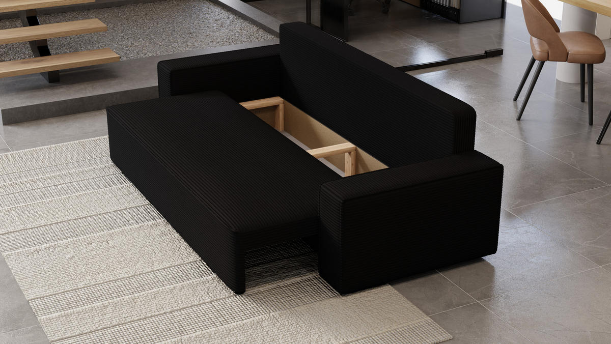 SOFA Vens mit Bettkasten und Schlaffunktion, Cordstoff - Schwarz, Holzwerkstoff (242/85/95cm)
