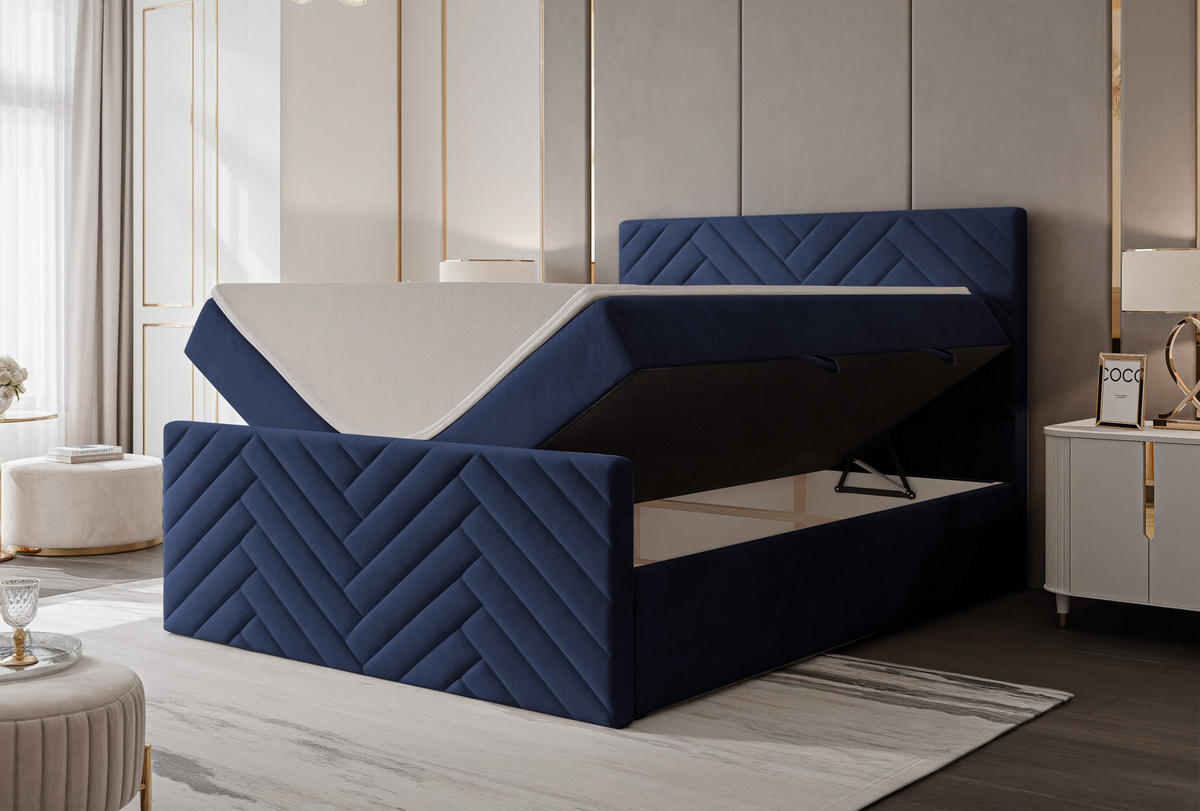 BOXBETT NEREA PLUS 160/200 cm mit Matratze und Topper, Marineblau - Dunkelblau, Holzwerkstoff/Textil (160/200cm) - Idohome