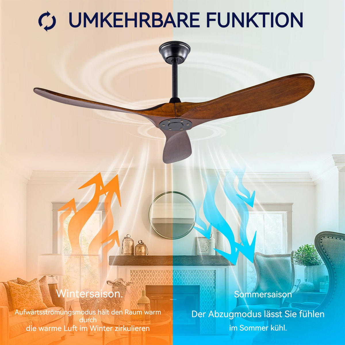 DECKENVENTILATOR & 3 Holzflügeln, Speicherfunktion, Fernbedienung - Braun, Holzwerkstoff (132/132/51cm) - Gisaae