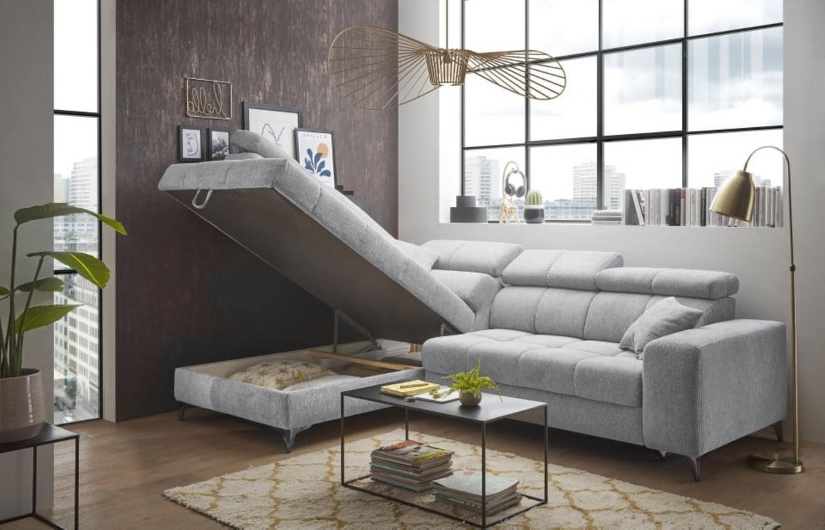 ECKSOFA mit Schlaffunktion und Bettkasten, Luxus-Mikrofaser - Hellgrau/Schwarz, Textil/Metall (282/198cm) - ed exciting design