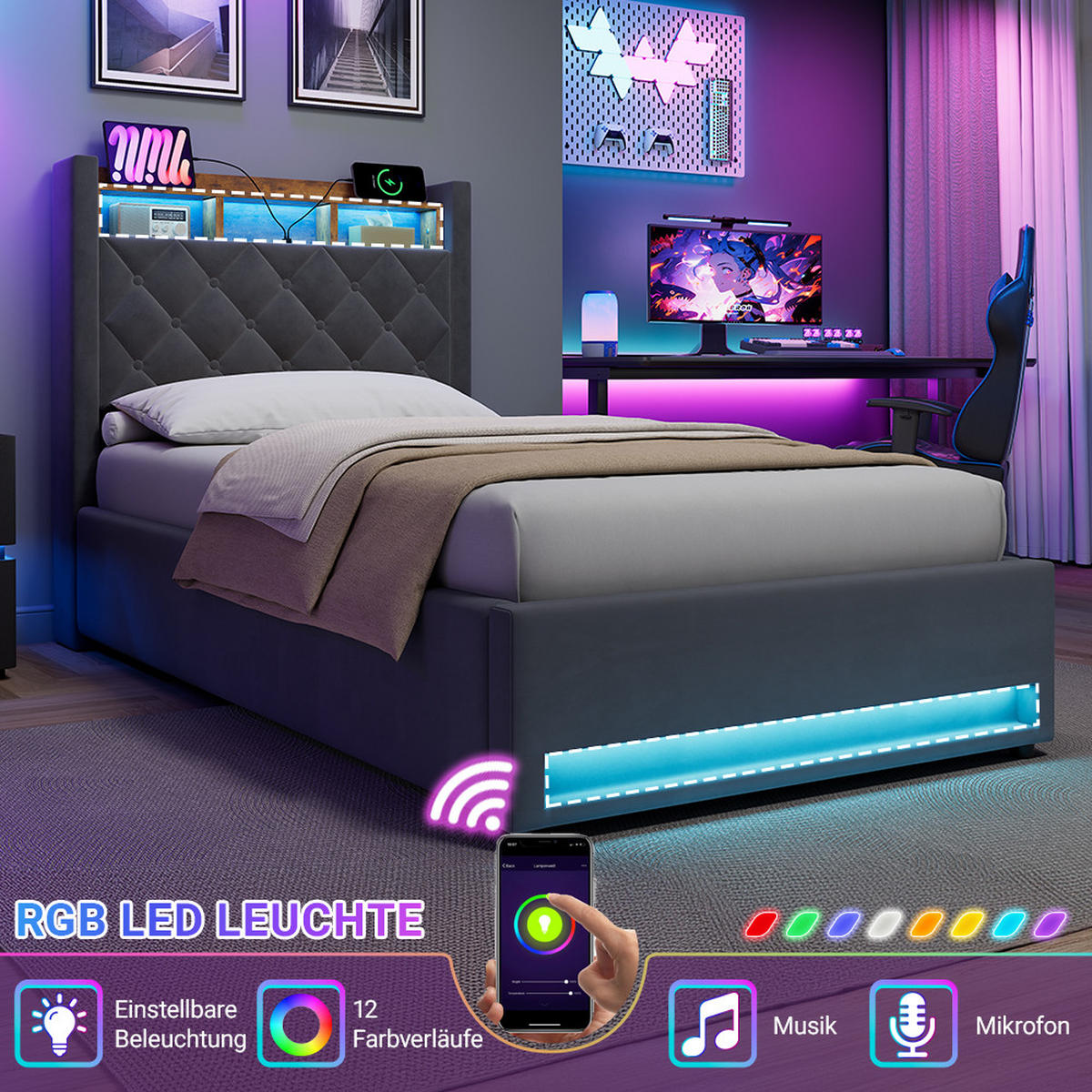POLSTERBETT 90/200 cm mit Matratze und Bettkasten Boxspringbett mit Steckdose und LED-Licht, in Grau - Grau, Holzwerkstoff/Textil (90/200cm) - STILVORA
