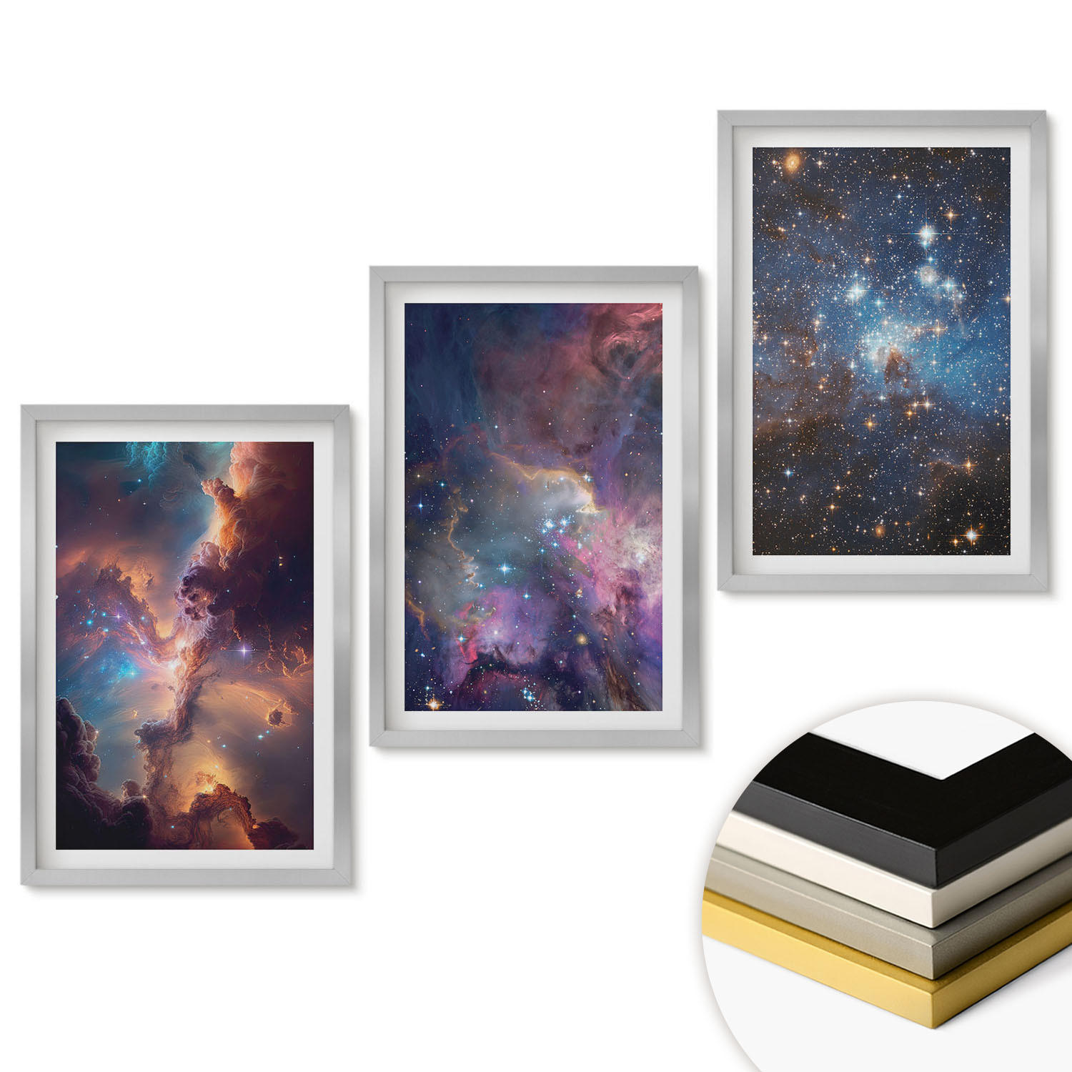 WANDBILDER 3er Set - 40x60 cm Silberner Rahmen - Kosmische Sternenlandschaften - Silberfarben, Kunststoff (40/60cm) - ArtPrintCave