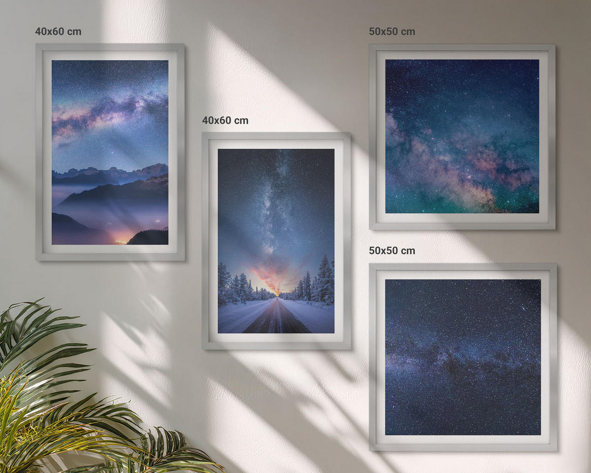 BILDER SET 4er Set - 50x50 cm & 40x60 cm Silberner Rahmen - Nachthimmel, Berge, Winter, Weltraum - Silberfarben, Kunststoff (50/50cm) - TULUP