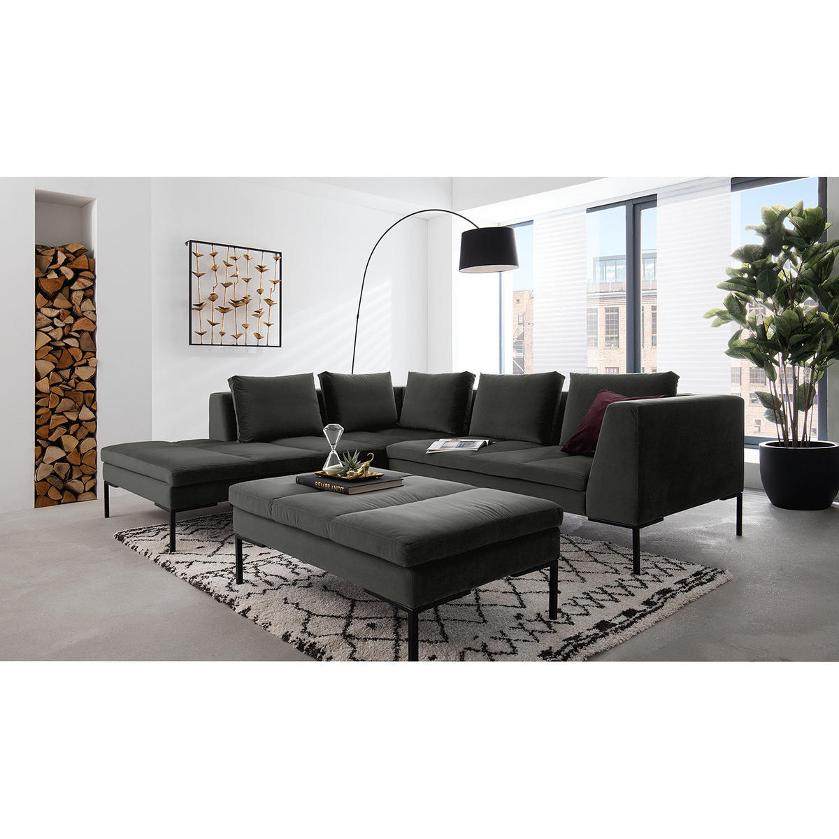 ECKSOFA mit Ottomane - Schwarz/Grün, Textil/Metall (255/230cm) - home24